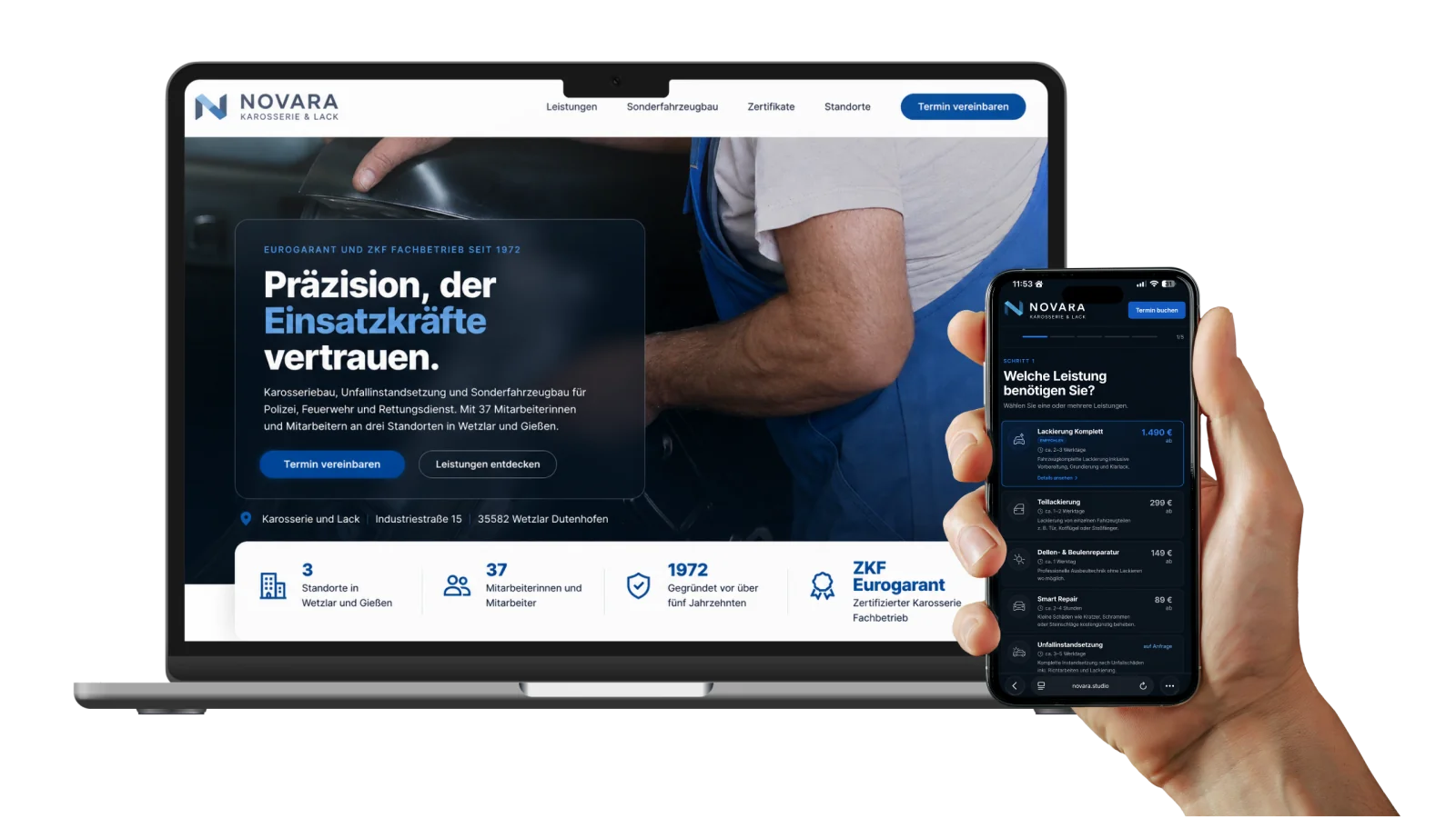 Website-Konzeptstudie für einen Karosserie- und Lackbetrieb auf Laptop und Handy, mit Online-Terminbuchung auf dem Handybildschirm