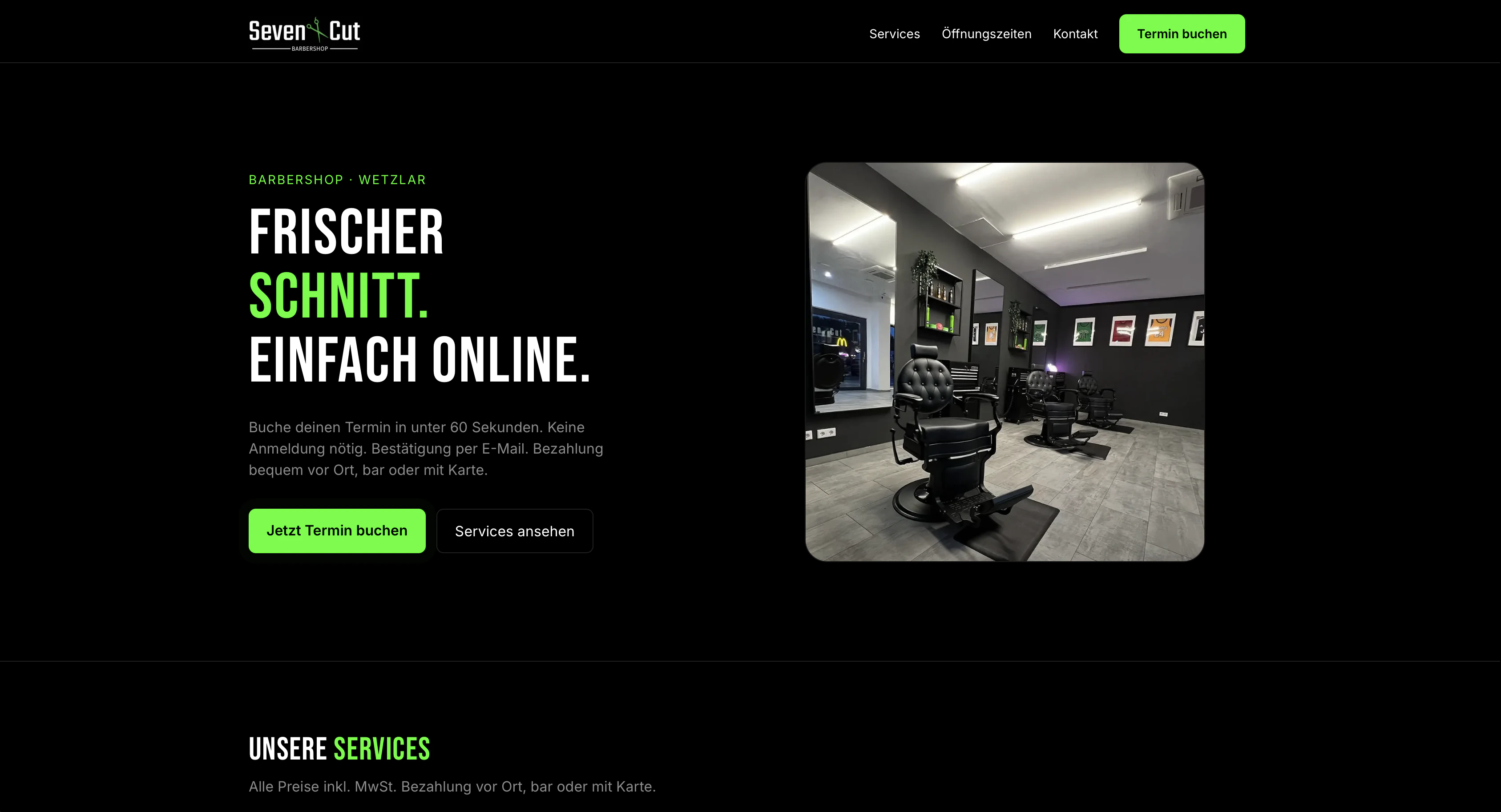 Startseite der von Handwerkstudio realisierten Seven Cut Website