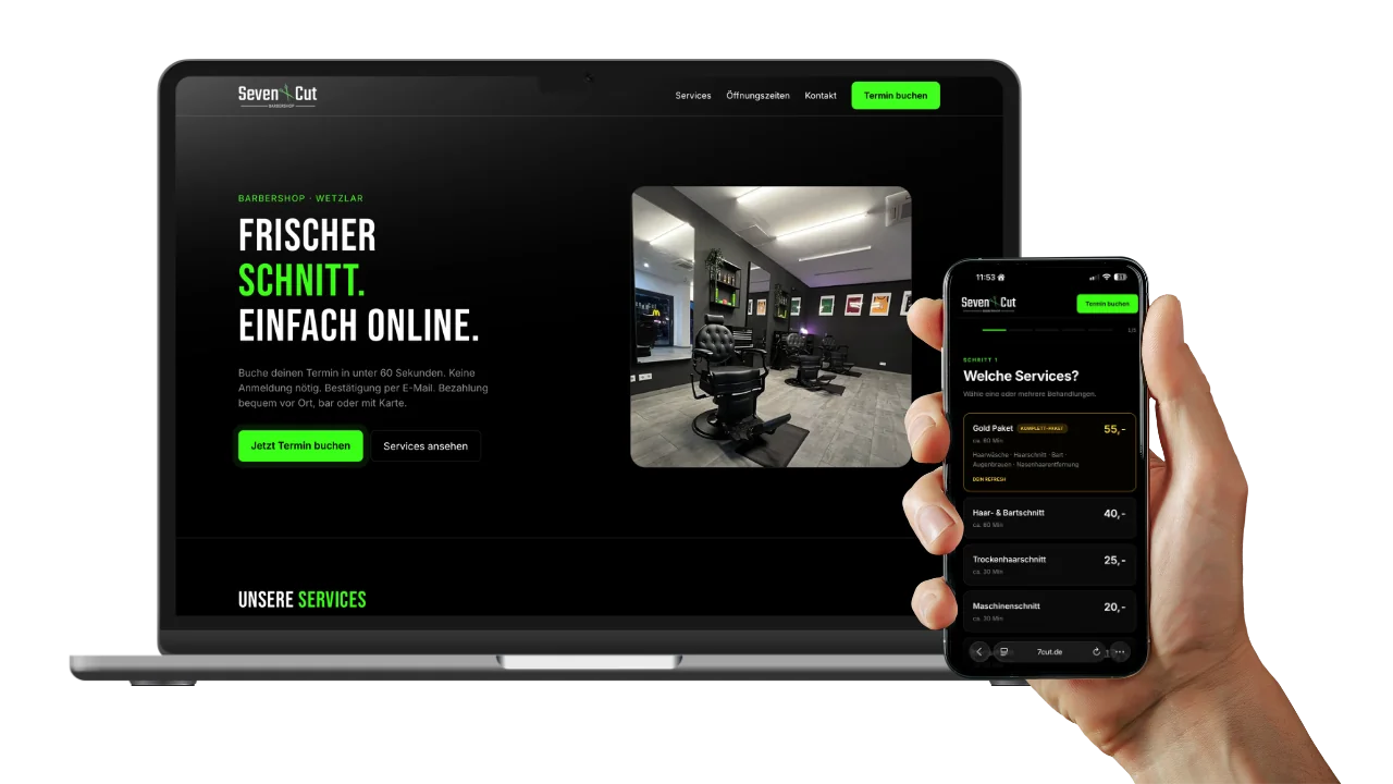 Seven Cut Website auf Laptop und Handy, mit Online-Terminbuchung auf dem Handybildschirm